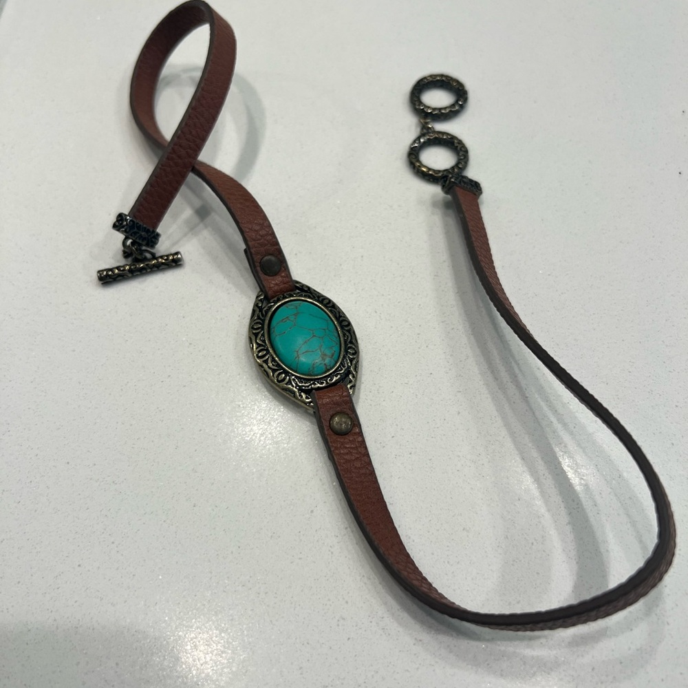 Premier Designs Wrapped Brown Leather Reversible Bracelet with Turquoise Stone